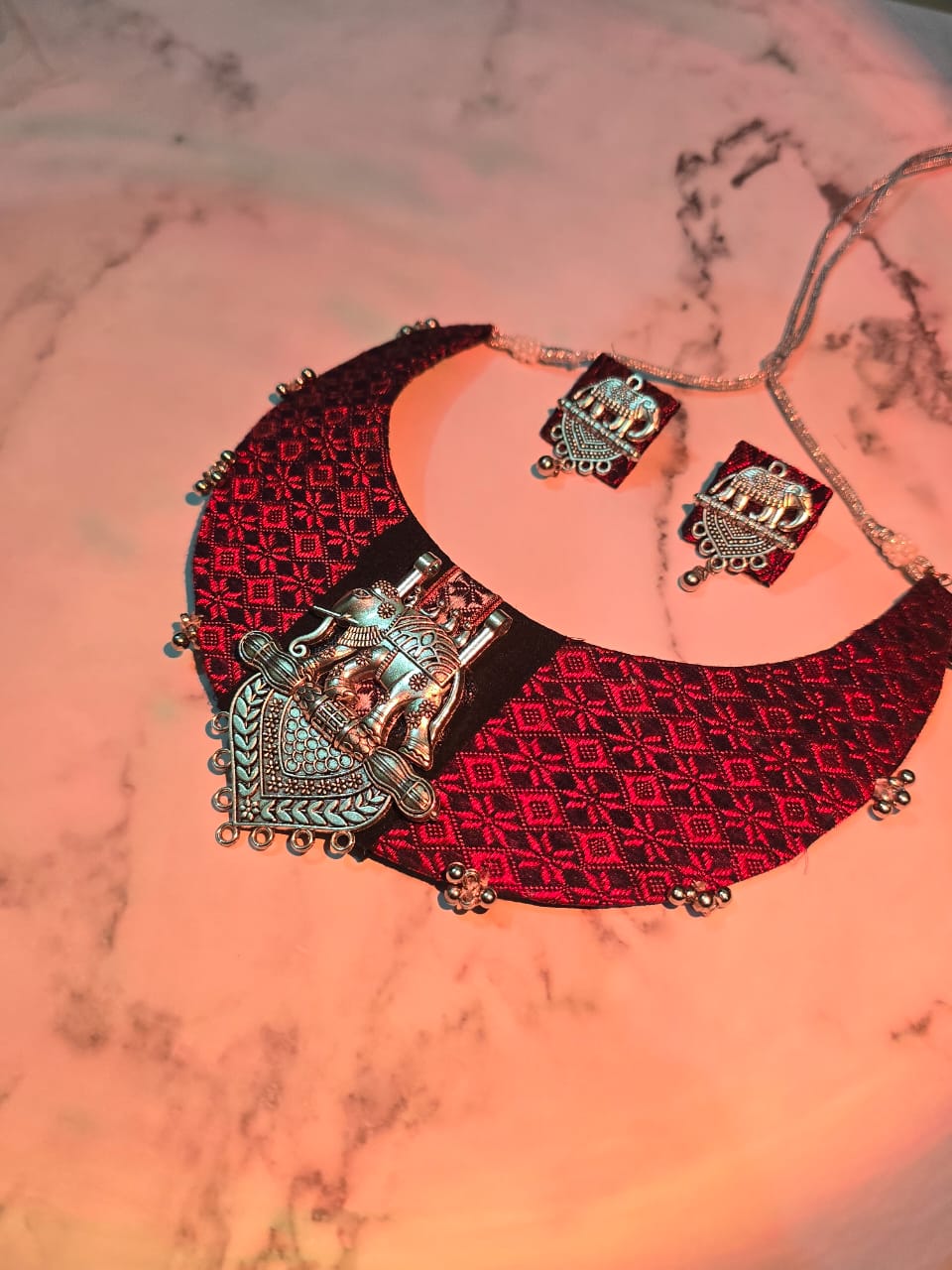 Handmade Red Fabric Oxidized Jewellery Set for Women - Image 2