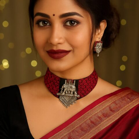 Handmade Red Fabric Oxidized Jewellery Set for Women