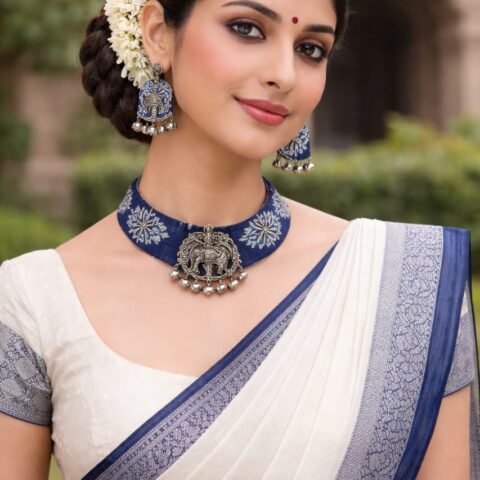 Blue Printed Choker Necklace with Jhumka Earrings