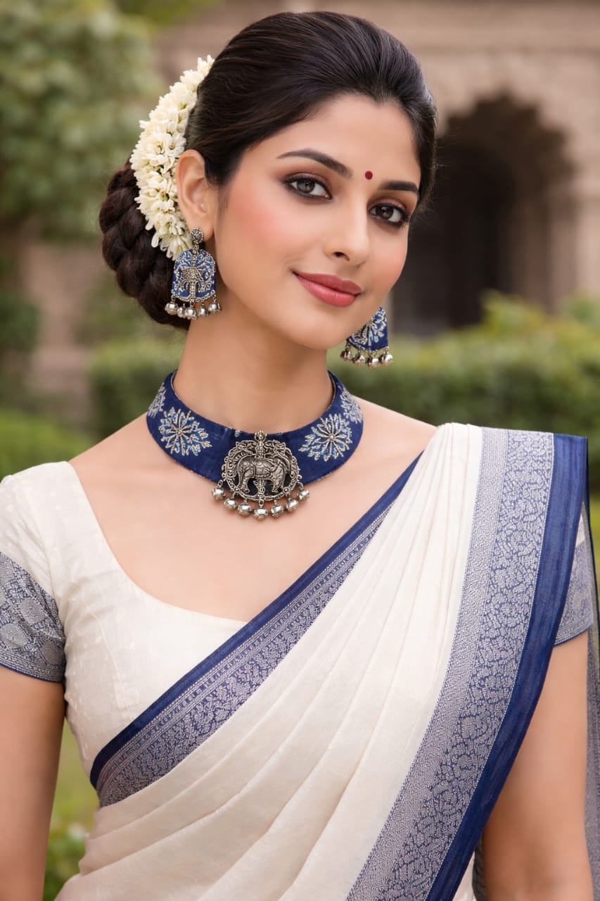 Blue Printed Choker Necklace with Jhumka Earrings