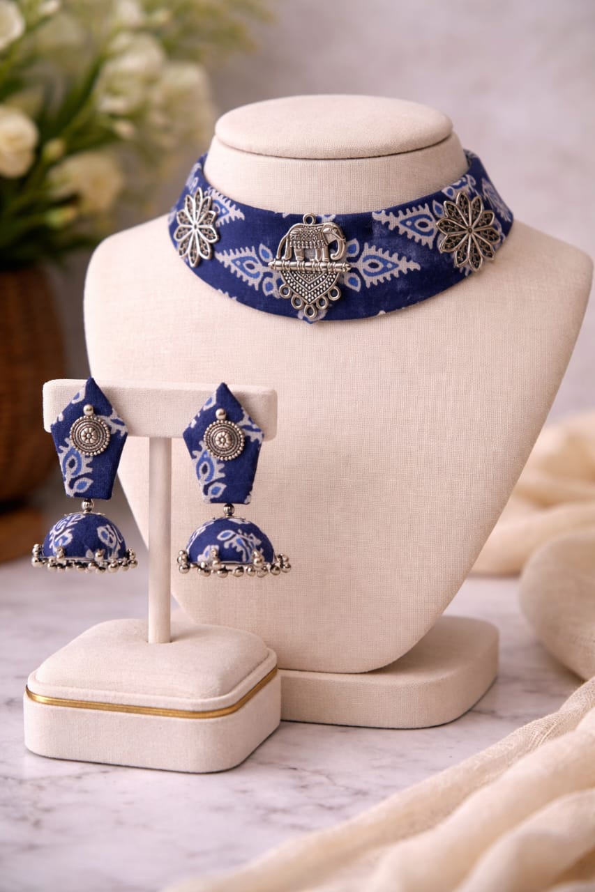 Blue Printed Choker Necklace with Jhumka Earrings - Image 2