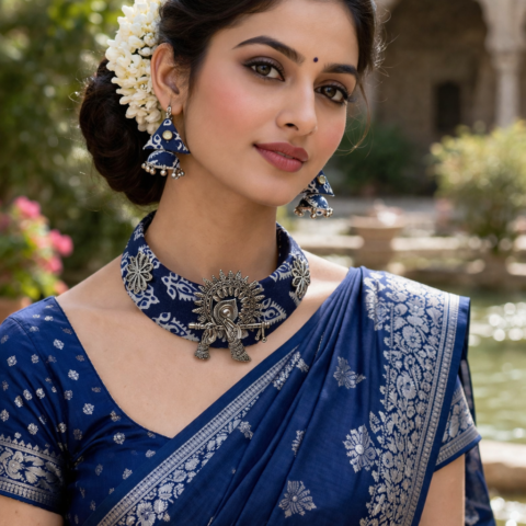 Handmade Blue Fabric Choker Set